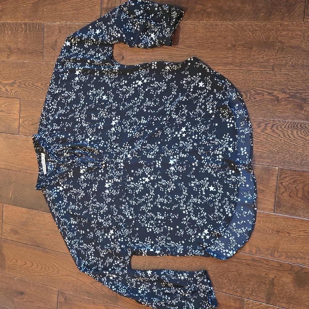 Abercrombie & Fitch V Neck Tie Top Blouse Black Star Print Pullover Small